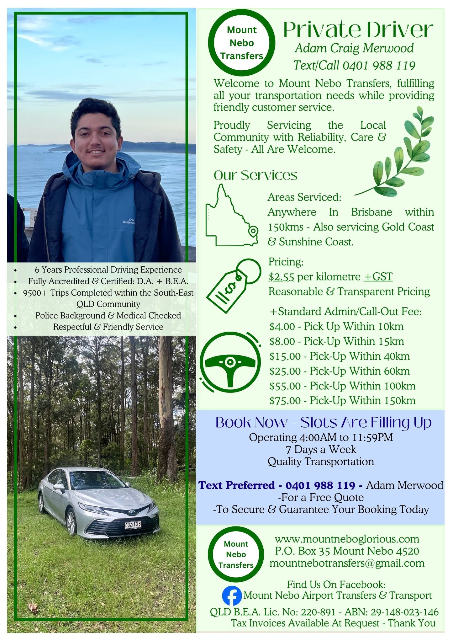 Mount Nebo Transfers by Adam Craig Merwood *$2.55 Per KM* Private Driver & Car - In Person Service